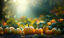 Autumn Natural Garden Background, Warm Seasonal Colors, Fresh Mixed Pumpkins, Green Foliage And Orange Flowers. Colorful Thanksgiving Season Banner.