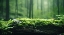 A Stone Covered With Green Moss In The Forest. Wildlife Landscape. Beautiful Bright Green Moss Grown Up Cover The Rough Stones And On The Floor In The Forest. Product Display Mockup.