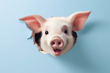Pig peeks in surprise through a hole in the paper on a pastel blue background, with copy space