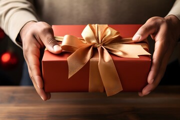 Wall Mural -  hands delicately tying a bow on a gift box, emphasizing the care taken in preparing a gift.