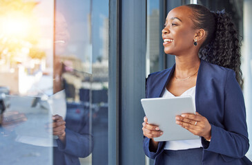 Poster - Happy woman, thinking and tablet at window in office, smile and ideas for future in online career. Happiness, digital work and businesswoman with email review, planning and feedback for internet job.