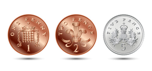 Vector Set British coin one, two, five pence.