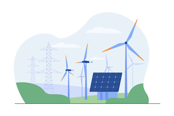 alternative energy sources vector illustration. improvement of solar power panels, wind turbines, hy