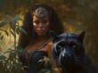 Fantasy Portrait of Royal Woman with Black Panther in Jungle