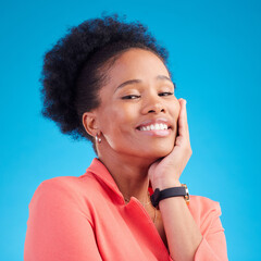 Wall Mural - Happy, smile and business with portrait of black woman in studio for professional, creative and pride. Entrepreneur, career and happiness with female employee on blue background for confidence
