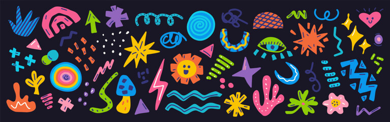 Wall Mural - set colorful various hand drawn shapes and doodle objects, abstract elements for modern design, vect