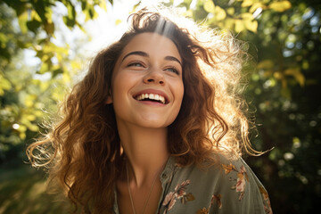 portrait of a woman with sunlight flare and nature , their smiling faces reflect the joy of blissful