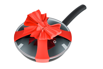 Poster - Frypan with red ribbon and bow, present concept. 3D rendering