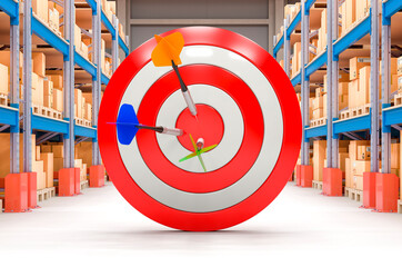 Poster - delivery strategy concept. goal and arrows in storehouse, 3d rendering