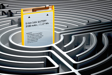 Poster - lition-ion battery for phone inside labyrinth maze. 3d rendering