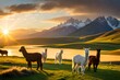 llamas in the mountains sunrise background 