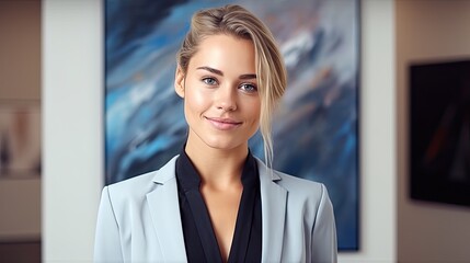 Portrait of happy woman looks in camera. Beautiful business woman professional in a suit at isolated background. 
