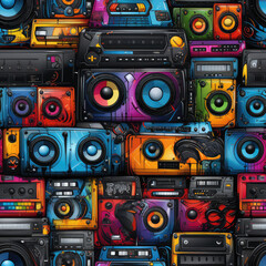 Retro gadgets funky repeat pattern colorful graffiti doodles