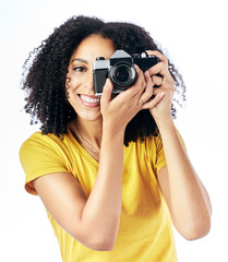 Photography, camera and portrait of woman photographer and happy as a creative isolated in a studio white background. Happy, photoshoot and artistic person with a hobby and takes picture of memory