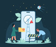 Cartoon tiny people holding folder and road barrier, antenna with exclamation mark on mobile phone screen. No signal warning message, lost or bad internet connection problem dark vector illustration