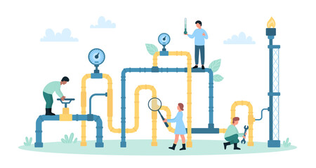 Natural liquefied gas pipeline inspection vector illustration. Cartoon tiny people control pipes system for connection and leaks, engineers of maintenance and repair service work with equipment