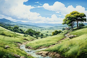 Wall Mural - Light watercolors landscapes, green hills,