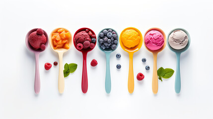 ice cream scoop ball on white background cutout, top view, with fruits topping, many assorted different flavour mockup template for artwork design, two lines