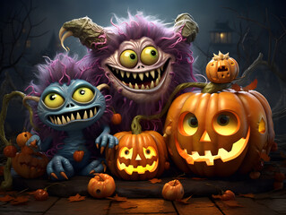 halloween cute and fluffy monsters