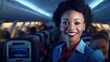 Smiling female flight attendant in blue uniform in aircraft cabin, attractive black woman stewardess friendly airline employee, pleasant service for airline passengers, generative AI