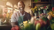 Smiling florist black man flowers seller in flowers shop, attractive man works with bouquet of beautiful fresh flowers in shop, happy floral designer handling flowers, floristry business generative AI