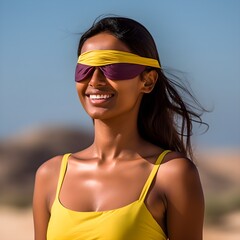 Wall Mural - a woman wearing a yellow swimsuit and sunglasses