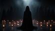 Mysterious Dark Ceremony with People in Black Robes Surrounded by Candles