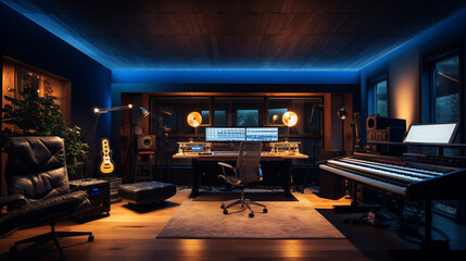 The home recording studio adorned with diffused LED lighting, creating a warm and inviting atmosphere. Generative AI