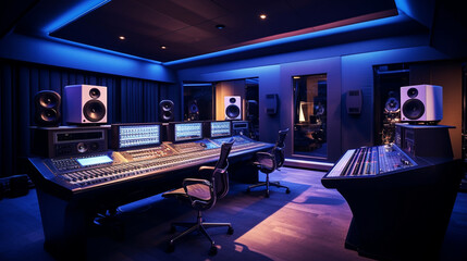 The recording studio's control room with an array of high-end audio equipment and LED-lit mixing consoles. Generative AI