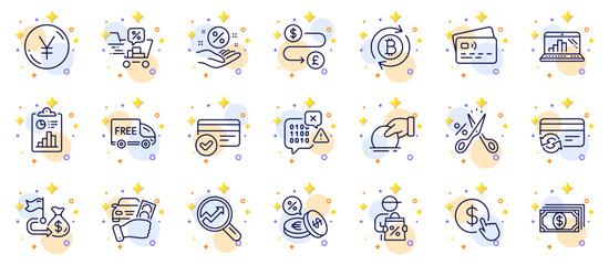 Outline set of Payment methods, Cut tax and Card line icons for web app. Include Graph laptop, Payment, Report pictogram icons. Delivery discount, Free delivery, Refresh bitcoin signs. Vector