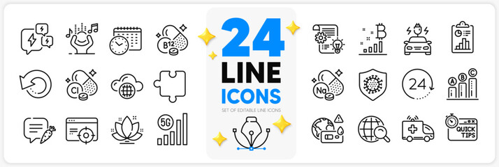 Icons set of Report, Cobalamin vitamin and Graph chart line icons pack for app with Internet search, Ambulance car, Coronavirus thin outline icon. Chlorine mineral, Quick tips, Lotus pictogram. Vector