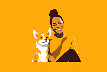 Loving Young Woman Hug Dog Show Care And Attention To Animal. Happy Girl Adopt Puppy From Shelter, Have Pet Friend In Family. Domestic Pet Lover. Minimalistic Flat Illustration, Cartoon Characters