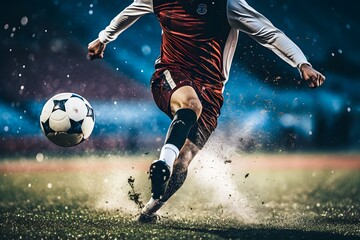 An action image of a soccer player kicking a soccer ball in the stadium with the aim to score a goal, The football player is ambitious to score the goal and escape from competitors, The ball in air