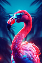 Pink Flamingo With Sunglasses Standing, Neon Retro Style, Light Crimson And Dark Azure, Close-up,  Exotic 