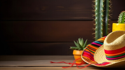 Cinco de Mayo holiday background with Mexican cactus, sombrero hat on wooden surface, neural network generated image