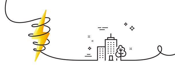 Wall Mural - Skyscraper buildings line icon. Continuous one line with curl. City architecture with tree sign. Town symbol. Skyscraper buildings single outline ribbon. Loop curve with energy. Vector