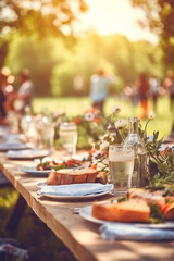  Joyful Gathering: People Enjoying a Festive Outdoor Summer Party with Lavishly Set Tables - AI generated
