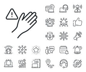 Poster - Hand warning sign. Place location, technology and smart speaker outline icons. Dont touch line icon. Hygiene notification symbol. Dont touch line sign. Influencer, brand ambassador icon. Vector