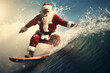 Santa clause surfing the wave on a surfboard, in commercial imagery, Christmas,