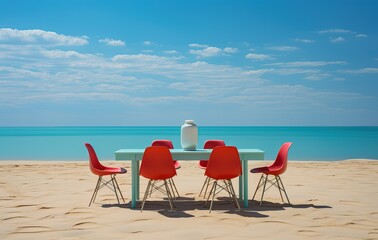 Poster - office meeting furniture in the middle of the beach, generative ai
