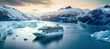Cruise ship in majestic north seascape with ice glaciers in Canada or Antarctica.