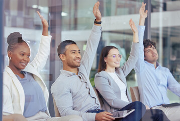 Poster - Business people, meeting and questions in presentation, teamwork or collaboration at office. Group of employees or audience with hands raised in staff training, FAQ seminar or workshop at workplace