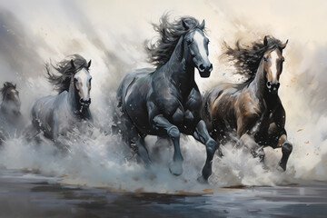 Naklejka na meble Herd of horses gallops, beautiful graceful animals run in water. Illustration painting canvas