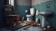 old dirty and neglected abandoned toilet room, neural network generated photorealistic image