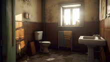 Old Dirty And Neglected Abandoned Toilet Room, Neural Network Generated Photorealistic Image