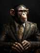 An anthropomorphic businessman is depicted as a chimpanzee in sophisticated and formal business attire in a character portrait.