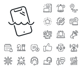 Poster - Phone sign. Place location, technology and smart speaker outline icons. Smartphone waterproof line icon. Mobile device symbol. Smartphone waterproof line sign. Vector