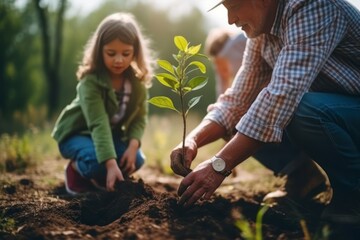 a diverse family honors a loved one's memory by jointly planting a tree in a serene forest, symboliz