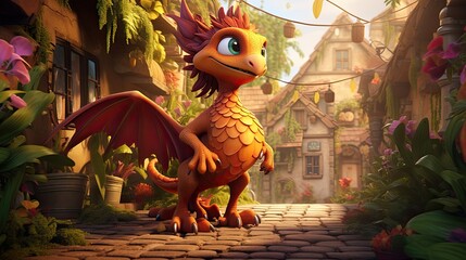 Wall Mural - Funny baby dragon in cartoon style, with big eyes . Illustration of a wild and fantastic creature in a fairytale village.