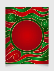 Wall Mural - Golden shiny glowing blank Christmas frame. Gold metal waves festive border with traditional red and green. Winter holidays background with copy space.